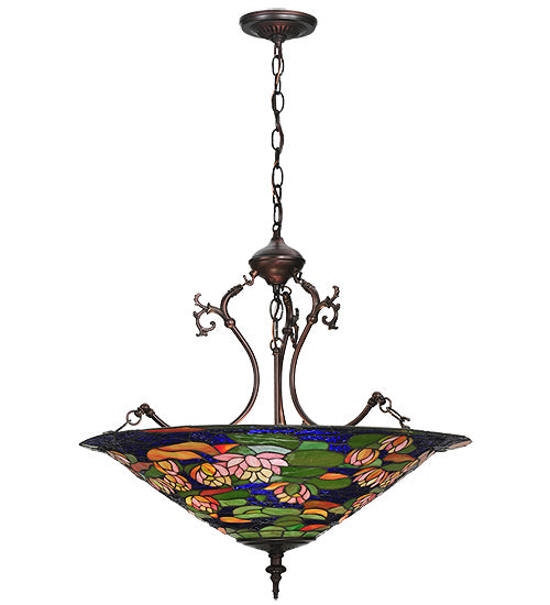 Meyda Lighting Tiffany Pond Lily 24" 3-Light Mahogany Bronze Inverted Pendant Light With Multi-Colored Shade Glass