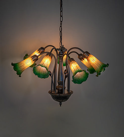 Meyda Lighting Tiffany Pond Lily 24" 7-Light Mahogany Bronze Chandelier With Amber & Green Shade Glass