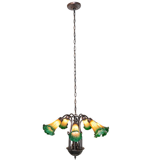 Meyda Lighting Tiffany Pond Lily 24" 7-Light Mahogany Bronze Chandelier With Amber & Green Shade Glass