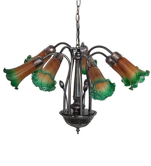 Meyda Lighting Tiffany Pond Lily 24" 7-Light Mahogany Bronze Chandelier With Amber & Green Shade Glass