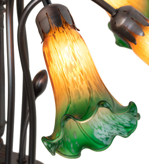 Meyda Lighting Tiffany Pond Lily 24" 7-Light Mahogany Bronze Chandelier With Amber & Green Shade Glass