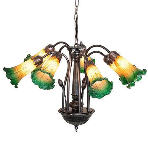 Meyda Lighting Tiffany Pond Lily 24" 7-Light Mahogany Bronze Chandelier With Amber & Green Shade Glass