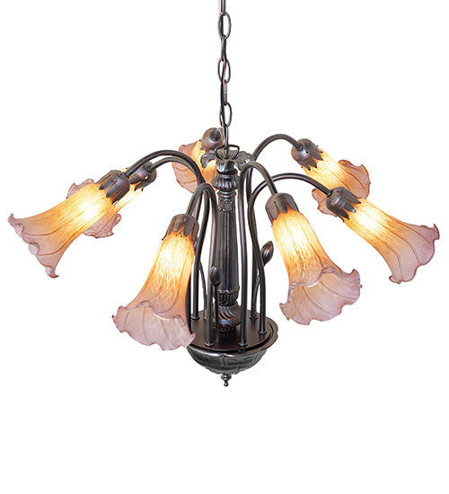 Meyda Lighting Tiffany Pond Lily 24" 7-Light Mahogany Bronze Chandelier With Amber & Purple Shade Glass