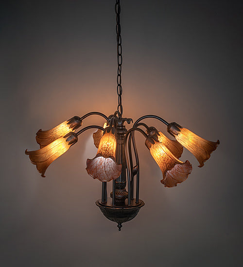 Meyda Lighting Tiffany Pond Lily 24" 7-Light Mahogany Bronze Chandelier With Amber Shade Glass