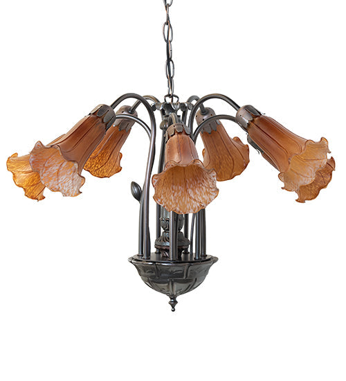 Meyda Lighting Tiffany Pond Lily 24" 7-Light Mahogany Bronze Chandelier With Amber Shade Glass