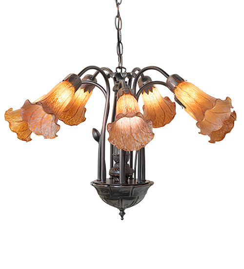 Meyda Lighting Tiffany Pond Lily 24" 7-Light Mahogany Bronze Chandelier With Amber Shade Glass