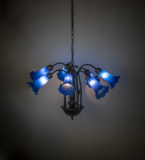 Meyda Lighting Tiffany Pond Lily 24" 7-Light Mahogany Bronze Chandelier With Blue Shade Glass