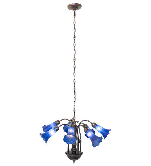 Meyda Lighting Tiffany Pond Lily 24" 7-Light Mahogany Bronze Chandelier With Blue Shade Glass