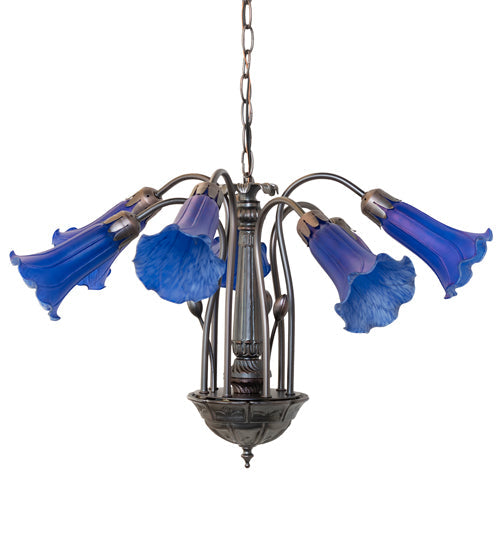 Meyda Lighting Tiffany Pond Lily 24" 7-Light Mahogany Bronze Chandelier With Blue Shade Glass