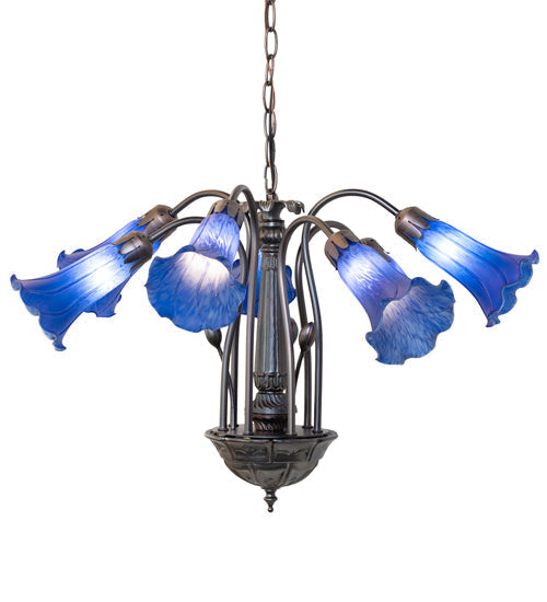Meyda Lighting Tiffany Pond Lily 24" 7-Light Mahogany Bronze Chandelier With Blue Shade Glass