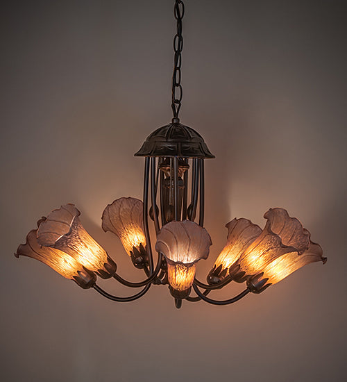 Meyda Lighting Tiffany Pond Lily 24" 7-Light Mahogany Bronze Chandelier With Pink & Amber Shade Glass