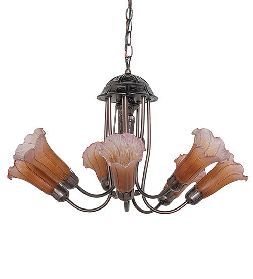 Meyda Lighting Tiffany Pond Lily 24" 7-Light Mahogany Bronze Chandelier With Pink & Amber Shade Glass