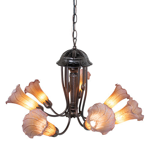 Meyda Lighting Tiffany Pond Lily 24" 7-Light Mahogany Bronze Chandelier With Pink & Amber Shade Glass