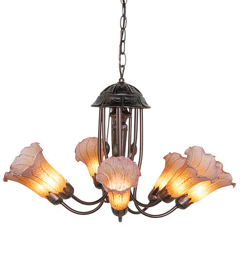 Meyda Lighting Tiffany Pond Lily 24" 7-Light Mahogany Bronze Chandelier With Pink & Amber Shade Glass