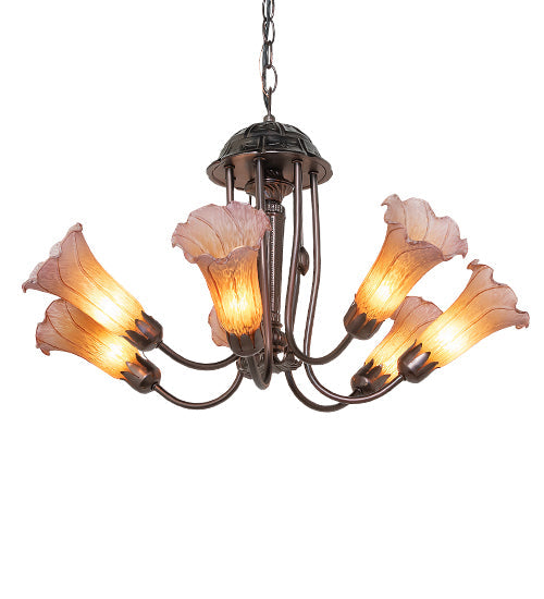 Meyda Lighting Tiffany Pond Lily 24" 7-Light Mahogany Bronze Chandelier With Pink & Amber Shade Glass