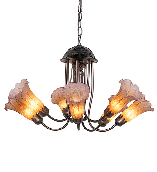 Meyda Lighting Tiffany Pond Lily 24" 7-Light Mahogany Bronze Chandelier With Pink & Amber Shade Glass