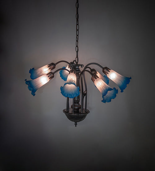 Meyda Lighting Tiffany Pond Lily 24" 7-Light Mahogany Bronze Chandelier With Pink & Blue Shade Glass