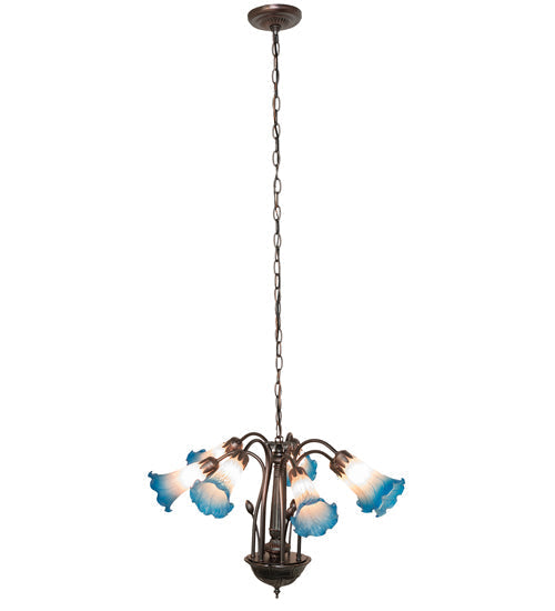 Meyda Lighting Tiffany Pond Lily 24" 7-Light Mahogany Bronze Chandelier With Pink & Blue Shade Glass