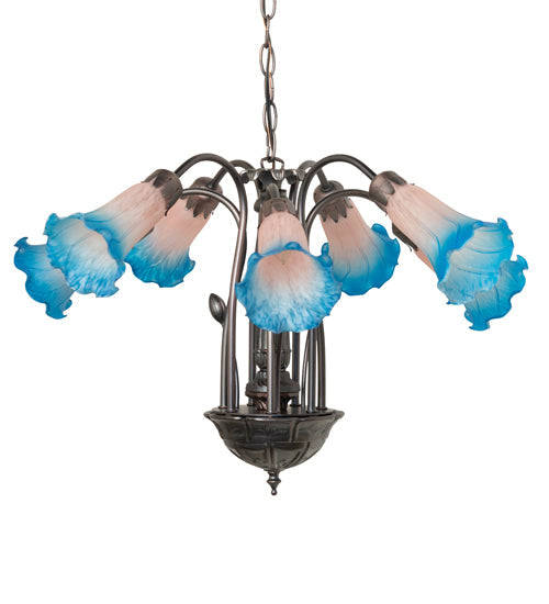 Meyda Lighting Tiffany Pond Lily 24" 7-Light Mahogany Bronze Chandelier With Pink & Blue Shade Glass