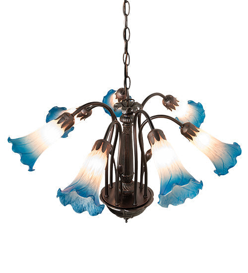 Meyda Lighting Tiffany Pond Lily 24" 7-Light Mahogany Bronze Chandelier With Pink & Blue Shade Glass
