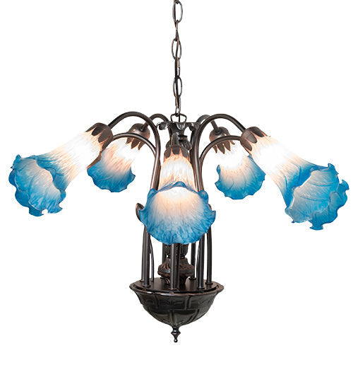Meyda Lighting Tiffany Pond Lily 24" 7-Light Mahogany Bronze Chandelier With Pink & Blue Shade Glass