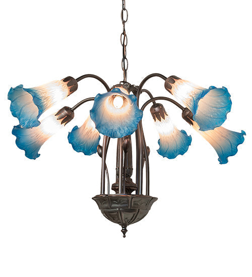 Meyda Lighting Tiffany Pond Lily 24" 7-Light Mahogany Bronze Chandelier With Pink & Blue Shade Glass