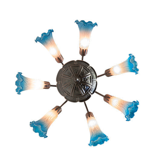 Meyda Lighting Tiffany Pond Lily 24" 7-Light Mahogany Bronze Chandelier With Pink & Blue Shade Glass