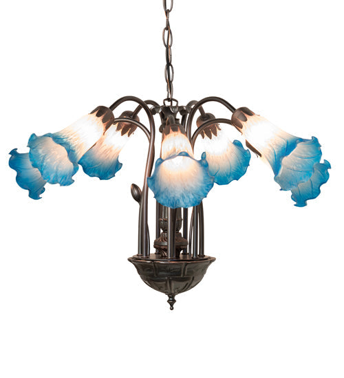Meyda Lighting Tiffany Pond Lily 24" 7-Light Mahogany Bronze Chandelier With Pink & Blue Shade Glass