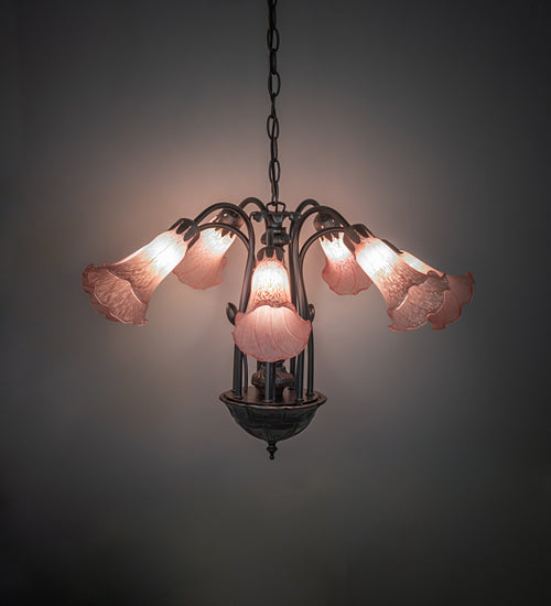 Meyda Lighting Tiffany Pond Lily 24" 7-Light Mahogany Bronze Chandelier With Pink Shade Glass