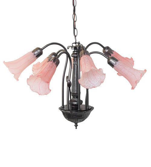 Meyda Lighting Tiffany Pond Lily 24" 7-Light Mahogany Bronze Chandelier With Pink Shade Glass