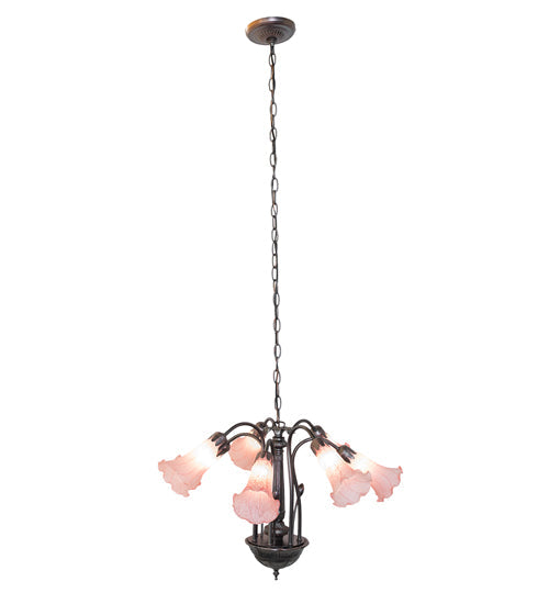 Meyda Lighting Tiffany Pond Lily 24" 7-Light Mahogany Bronze Chandelier With Pink Shade Glass