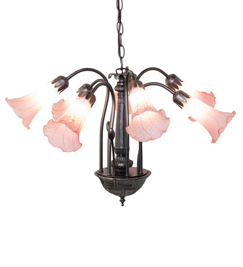 Meyda Lighting Tiffany Pond Lily 24" 7-Light Mahogany Bronze Chandelier With Pink Shade Glass