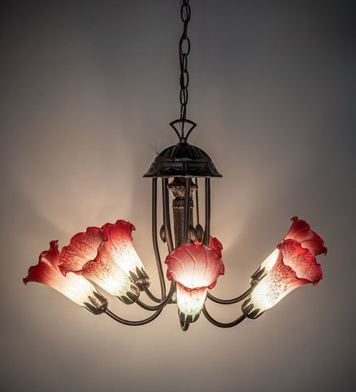 Meyda Lighting Tiffany Pond Lily 24" 7-Light Mahogany Bronze Chandelier With Pink & White Shade Glass