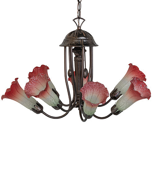 Meyda Lighting Tiffany Pond Lily 24" 7-Light Mahogany Bronze Chandelier With Pink & White Shade Glass