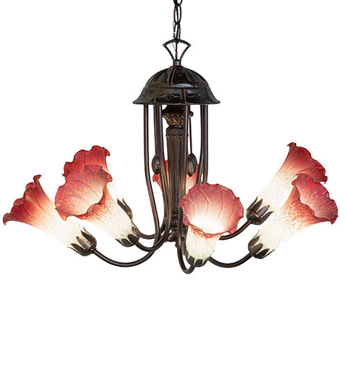 Meyda Lighting Tiffany Pond Lily 24" 7-Light Mahogany Bronze Chandelier With Pink & White Shade Glass
