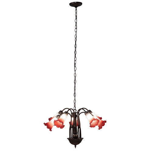 Meyda Lighting Tiffany Pond Lily 24" 7-Light Mahogany Bronze Chandelier With Red & White Shade Glass