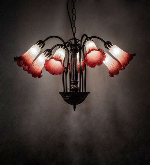 Meyda Lighting Tiffany Pond Lily 24" 7-Light Mahogany Bronze Chandelier With Red & White Shade Glass