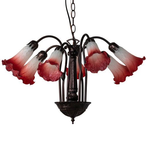 Meyda Lighting Tiffany Pond Lily 24" 7-Light Mahogany Bronze Chandelier With Red & White Shade Glass