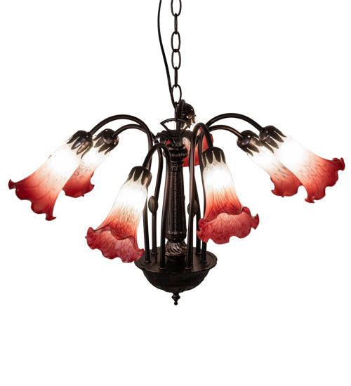 Meyda Lighting Tiffany Pond Lily 24" 7-Light Mahogany Bronze Chandelier With Red & White Shade Glass