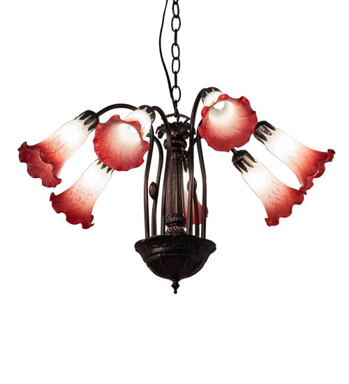Meyda Lighting Tiffany Pond Lily 24" 7-Light Mahogany Bronze Chandelier With Red & White Shade Glass