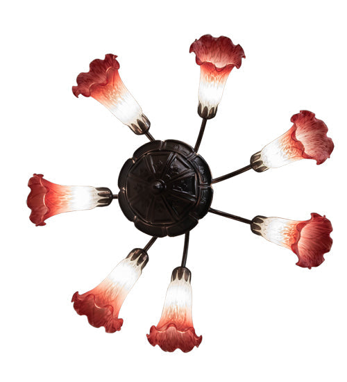 Meyda Lighting Tiffany Pond Lily 24" 7-Light Mahogany Bronze Chandelier With Red & White Shade Glass