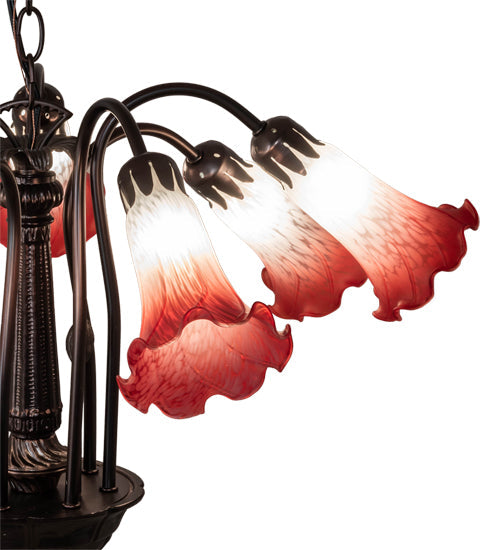 Meyda Lighting Tiffany Pond Lily 24" 7-Light Mahogany Bronze Chandelier With Red & White Shade Glass