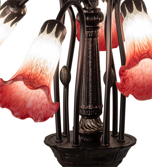 Meyda Lighting Tiffany Pond Lily 24" 7-Light Mahogany Bronze Chandelier With Red & White Shade Glass