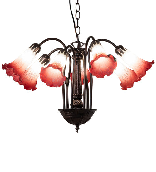 Meyda Lighting Tiffany Pond Lily 24" 7-Light Mahogany Bronze Chandelier With Red & White Shade Glass