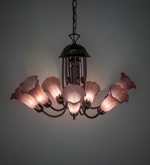 Meyda Lighting Tiffany Pond Lily 24" 7-Light Mahogany Bronze Chandelier With Violet Shade Glass