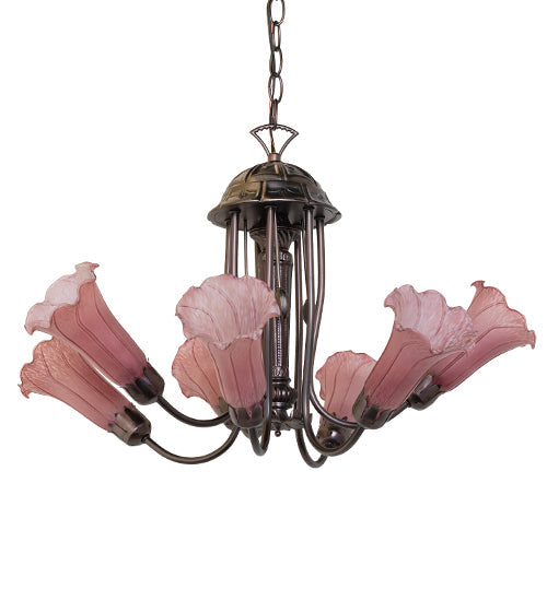 Meyda Lighting Tiffany Pond Lily 24" 7-Light Mahogany Bronze Chandelier With Violet Shade Glass