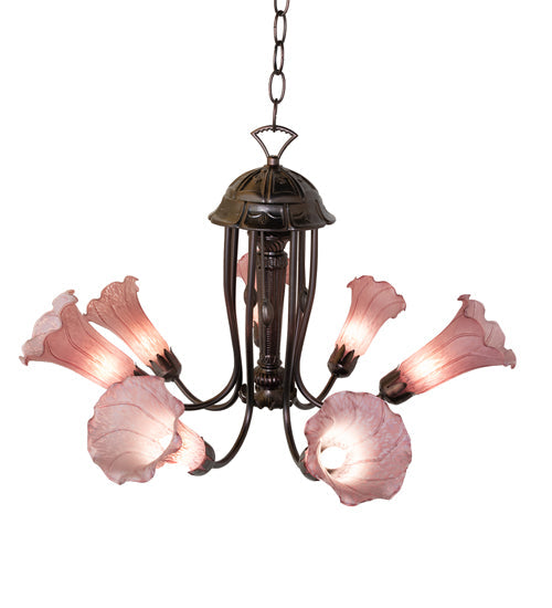 Meyda Lighting Tiffany Pond Lily 24" 7-Light Mahogany Bronze Chandelier With Violet Shade Glass