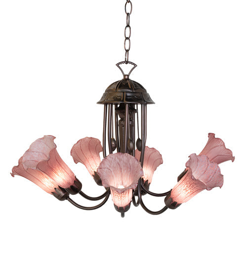 Meyda Lighting Tiffany Pond Lily 24" 7-Light Mahogany Bronze Chandelier With Violet Shade Glass
