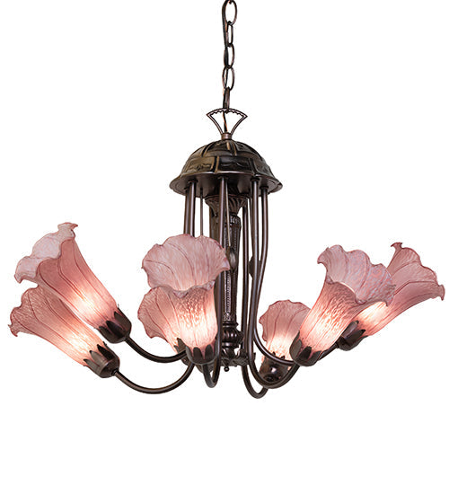Meyda Lighting Tiffany Pond Lily 24" 7-Light Mahogany Bronze Chandelier With Violet Shade Glass