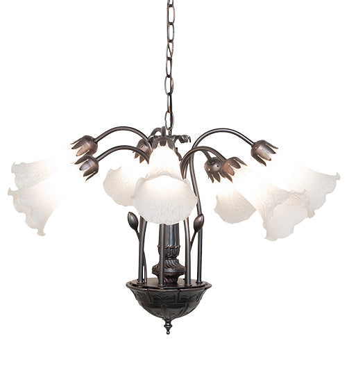 Meyda Lighting Tiffany Pond Lily 24" 7-Light Mahogany Bronze Chandelier With White Shade Glass